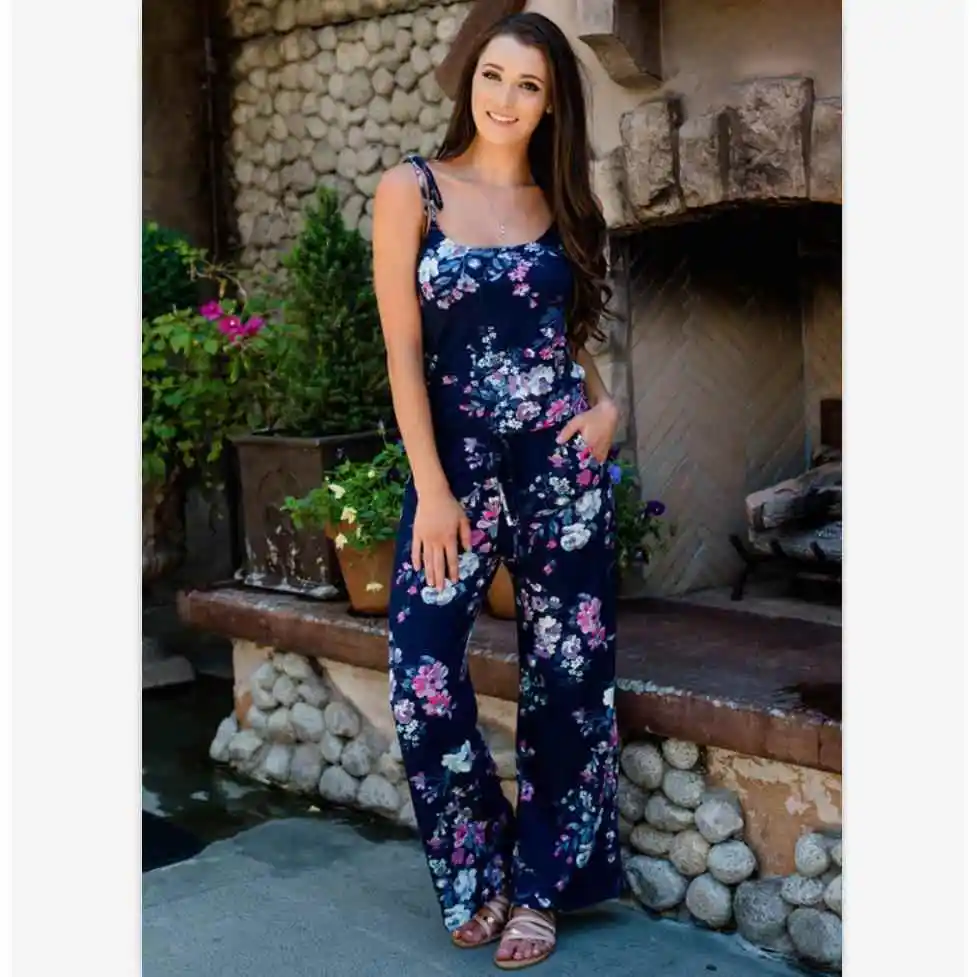 Maxi Printed Camisole Jumpsuit Set Women's Bottoms Skirt Pants European Style All-Match High Waist Slimming Fabric QZ19008