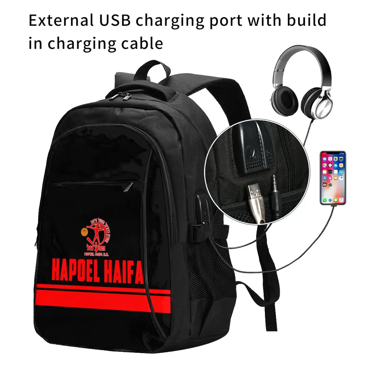 Israel Hapoel Haifa Bc Large Durable Travel Laptop Backpack Water Resistant Bag with USB Charging Port Business Daypack