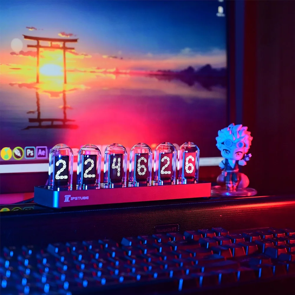 USB Electric Application Smart Desk Clock Nixie IPS Tube Digital Wireless Clock with Color Lighting