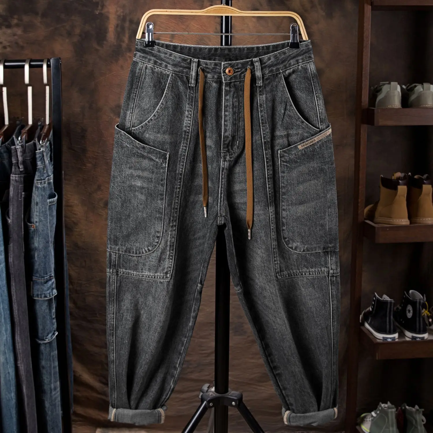 Invisible Open Crotch Outdoor Sex Denim Men's Pants Loose Retro Denim Trousers Hip Hop Big Pocket Workwear Casual cargo clothes