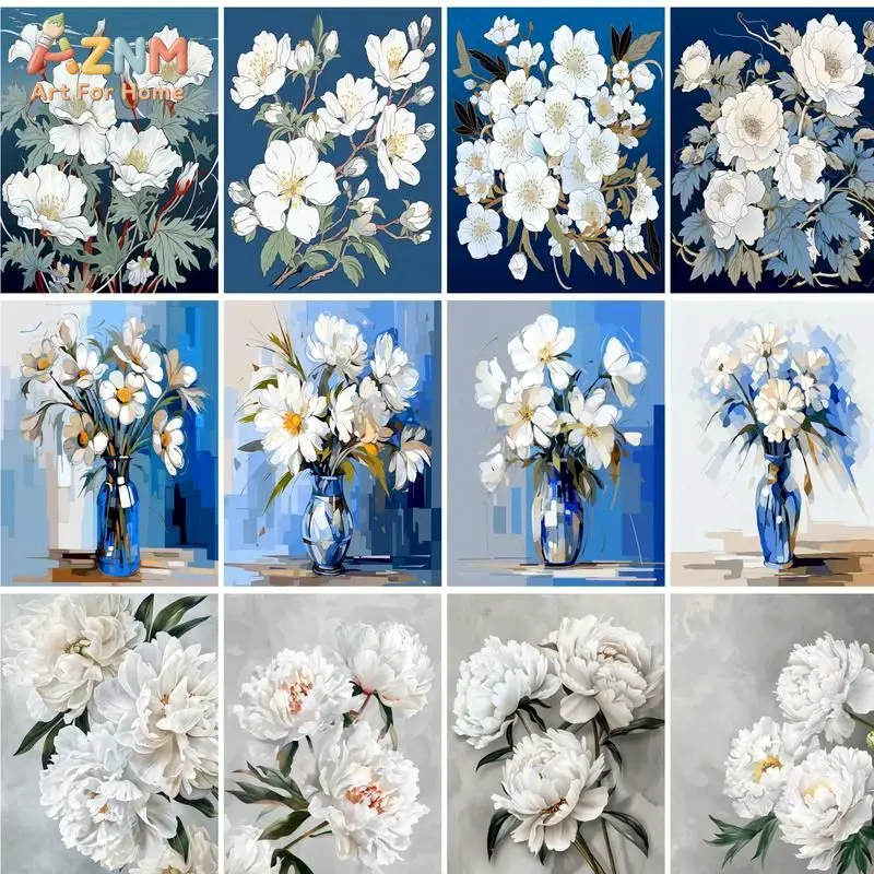 AZNM White Flower Canvas Wall Art, Peony and Daisy Floral Print, Blue and Grey Vase Bouquet Painting for Elegant Home Decor