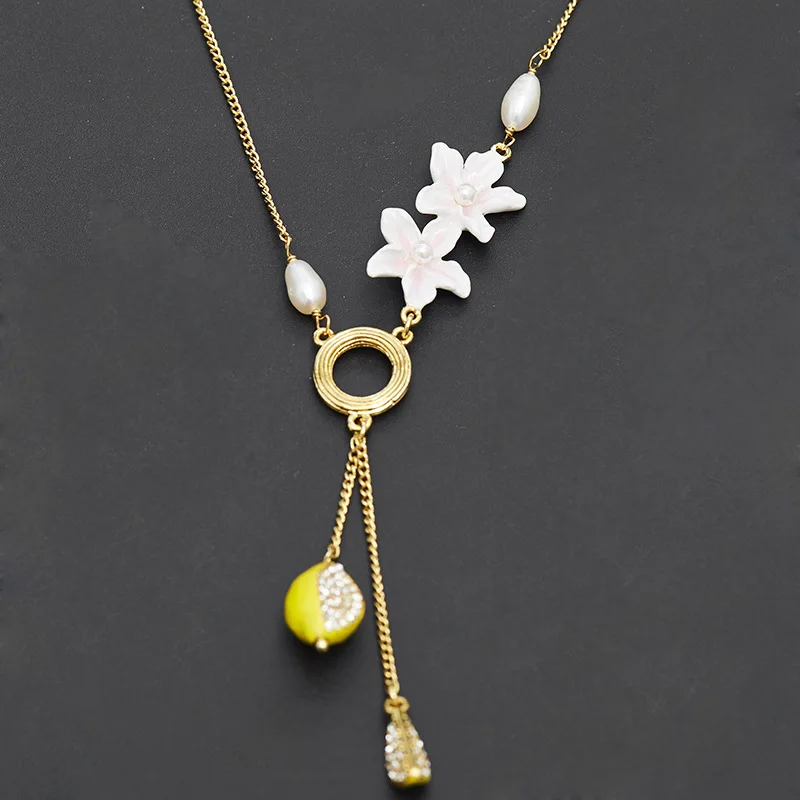 Cute Enamel Glaze Yellow Lemon Fruit White Flower Freshwater Pearl Rhinestone Crystal Statement Dangle Earrings for Kids Women