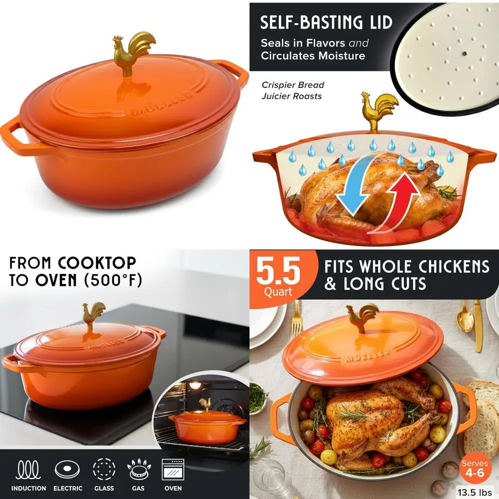 

Enameled Cast Iron Oval Dutch Oven 5.5 Quart, Rooster Knob, Heavy-Duty Cookware, Oven Safe Up to 500°F, Versatile Cooking Option