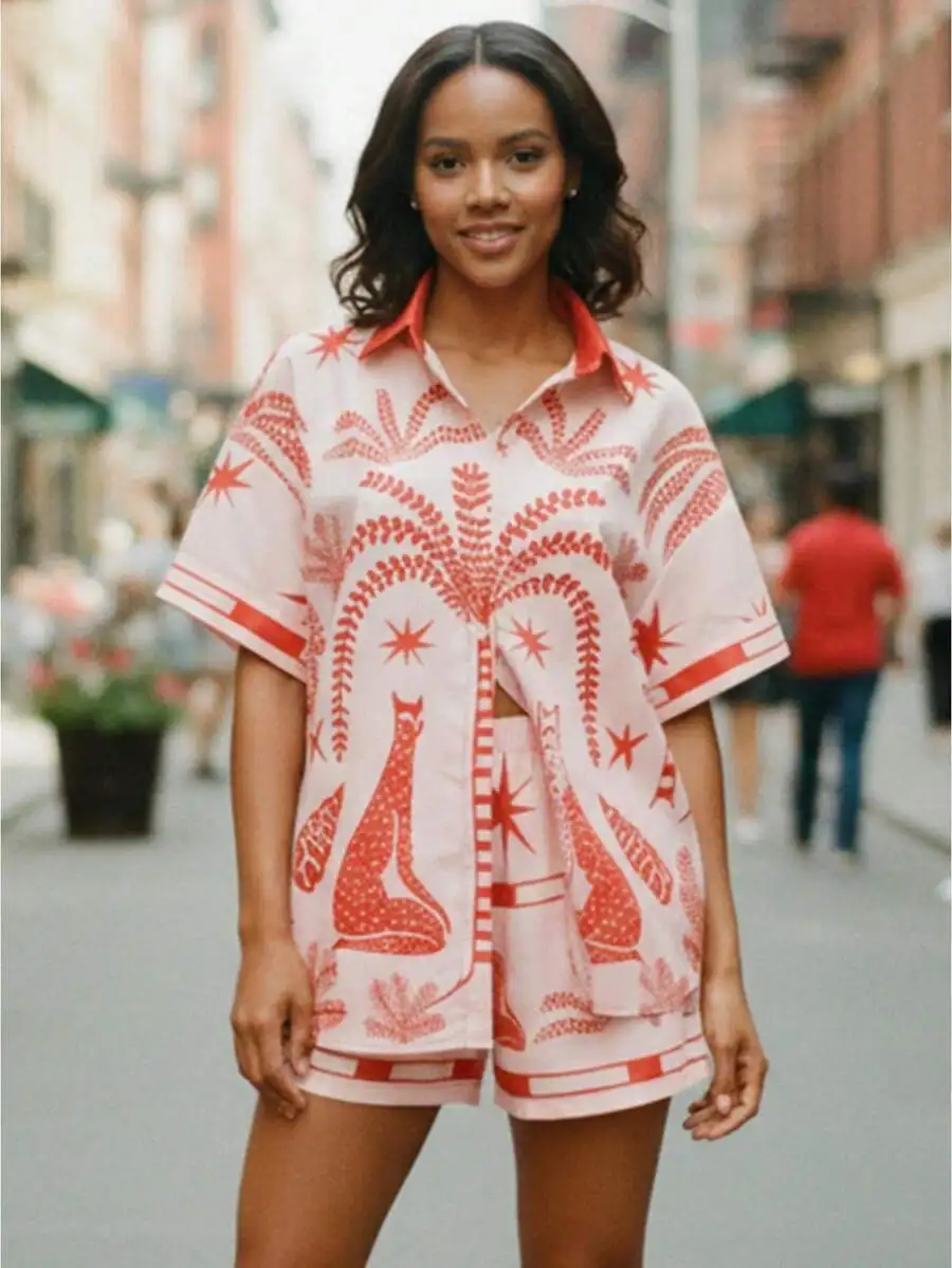 

Women Summer Graphic Print 2 Piece Pajama Set Short Sleeve Lapel Button Down V Neck Elastic Waist Shorts Loungewear