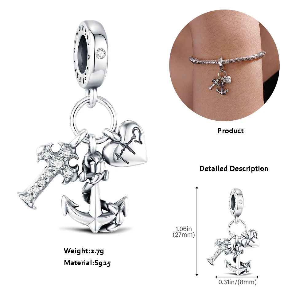 Nuevos dijes de plata de ley 925, colgantes originales de corazón con ancla cruzada para pulsera clásica, regalos de joyería de moda para el día de la mujer