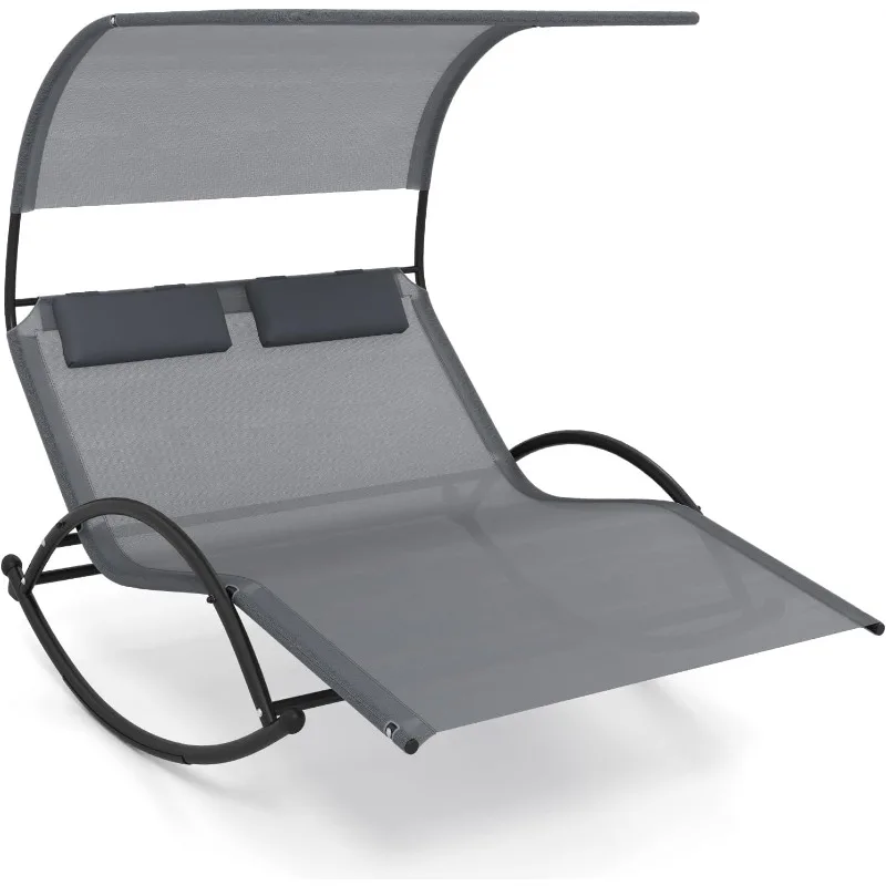 

Lounge Chair with Adjustable Canopy, Outdoor Chaise Lounge with 2 Detachable Pillows, Sturdy Metal Frame,chaise lounge