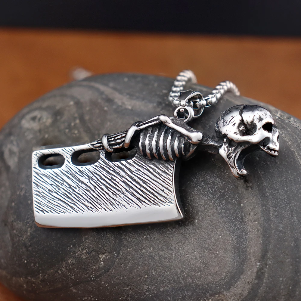 Creative Vintage Skull Knife Necklace Pendant for Men Stainless Steel Unique Skeleton Bottle Opener Gothic Jewelry Never Fading