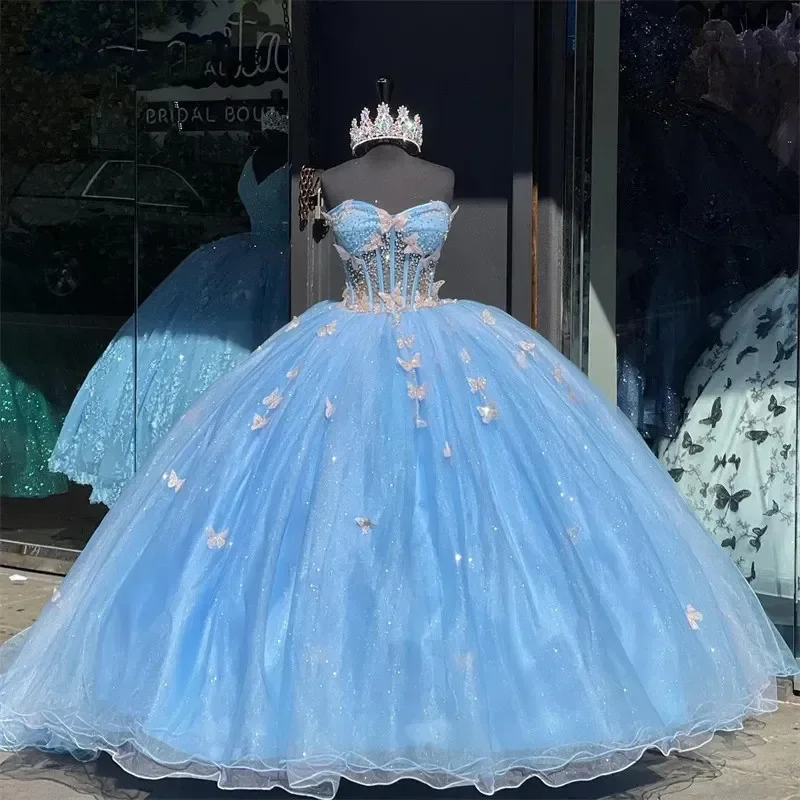 Lichtblauwe Prinses Sweetheart Quinceanera Jurken Met Strikrug Vlinder Appliques Met Kralen Liefje Corset Prom Baljurk