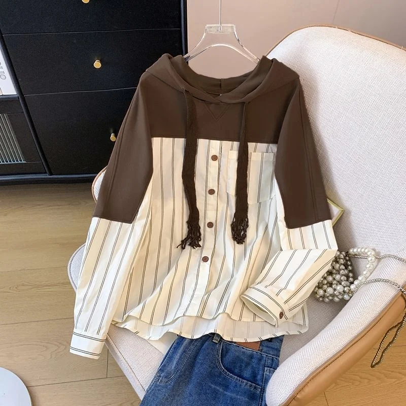 

American retro spicy girl fake two-piece spliced striped long sleeved sweatshirt autumn Y2K Harajuku women thin sweatshirt emo