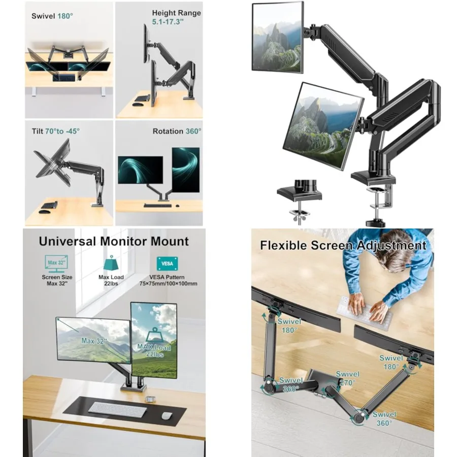 Dual Monitor Arm Desk Mount Fits 13 to 32 inch Computer Screens, Holds 4.4 to 22lbs Display VESA Mount, Adjustable Double Monitor Stand with Clamp/Grommet Base, 75/100mm Bracket, Black