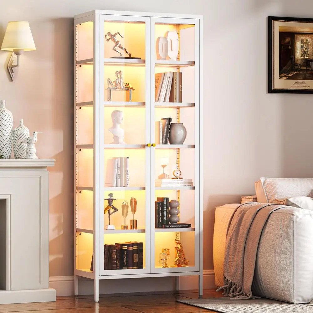 67 6-Tier Glass Curio Cabinet with RGB Lighting and Adjustable Shelves for Collectibles