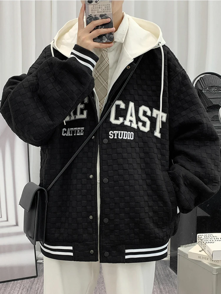 Spring Autumn Hooded Men's Jacket Korean Fashion Fake 2 In 1 Single Breasted Zip-Up Casual Letter Baseball Varsity Coat