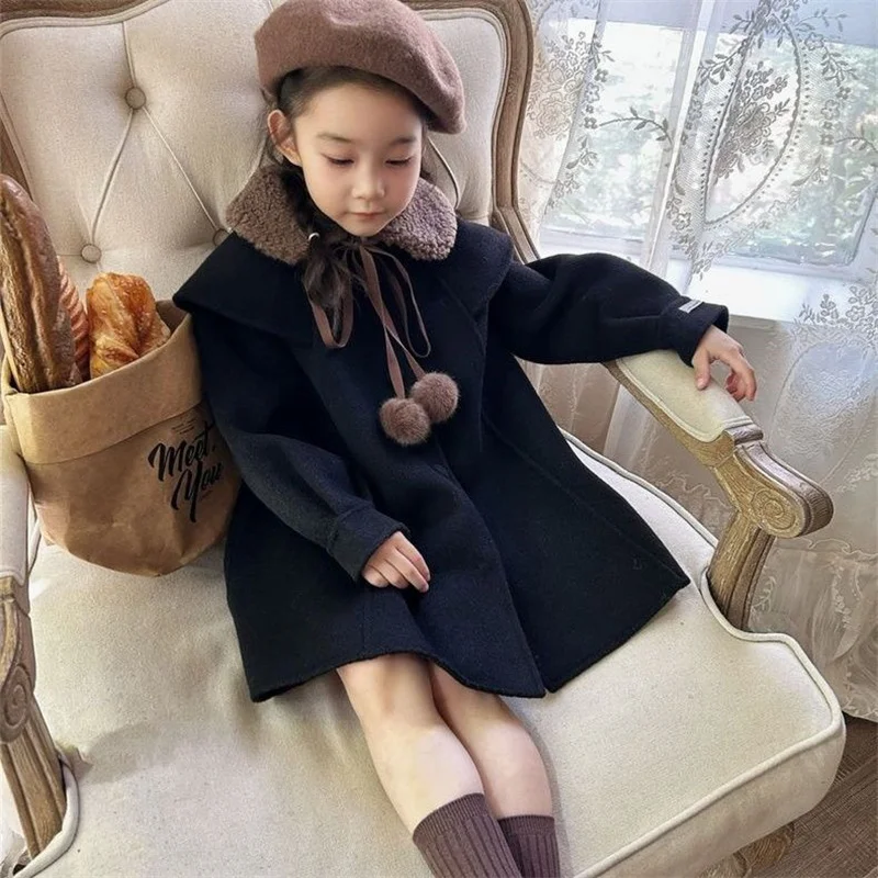 Girls Woolen Coat Jacket Windbreak 2023 Fuzzy Warm Thicken Winter Cotton Overcoat Teenagers Children\'s Clothing