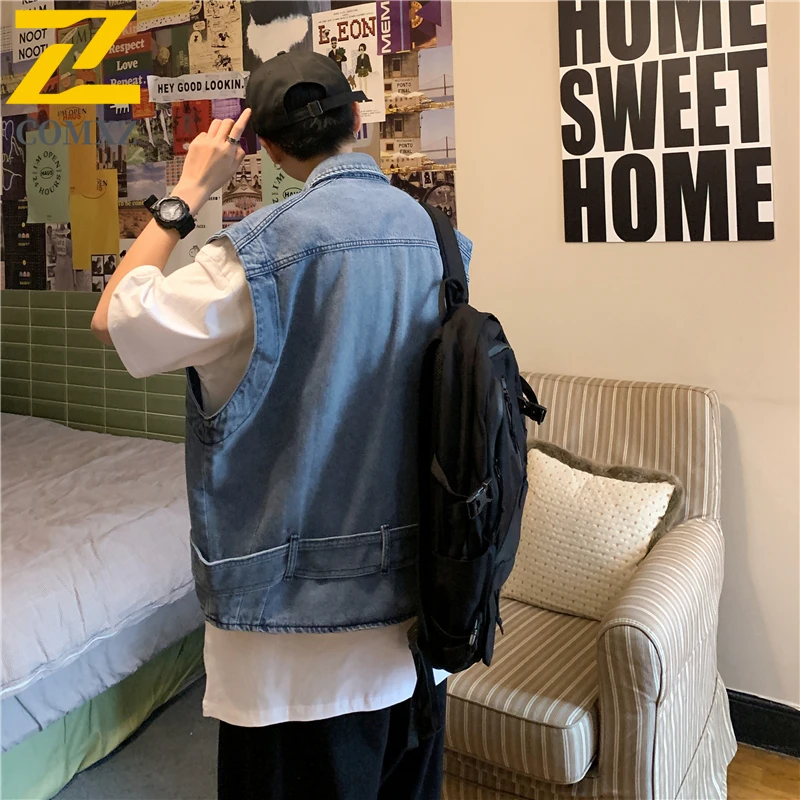 الرجال الكورية نمط المتضخم سترة جينز الصيف غسلها عمال جاكيت بلا إكمام خمر المتعثرة ملابس الشارع الشهير طبقات #4