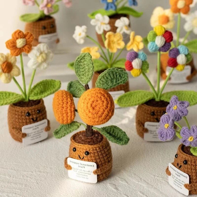 Handmade Crochet Potted Tabletop Decor Words of Encouragement Forget-me-not Crochet Orange Convolia Heart-warming Ornament