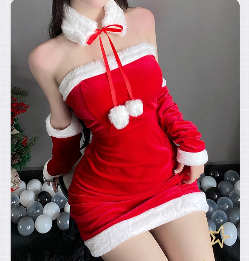 Vestido de fiesta de Navidad de franela para mujer, vestido elegante de Papá Noel, ropa de discoteca de piel sintética, vestido ajustado con sombrero, traje de disfraces de Año Nuevo