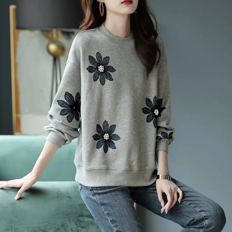 Women Autumn Winter Fashion Diamonds Printing O-neck Long Sleeve Sweatshirts Women Clothes Elegant All-match Temperament Tops