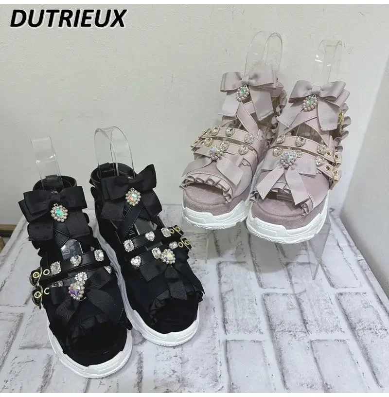 Japanese Sweet Loving Heart Rhinestone Lolita Pumps Women Kawaii Mine Platform Height Increasing Shoes Sandals Bow Detachable