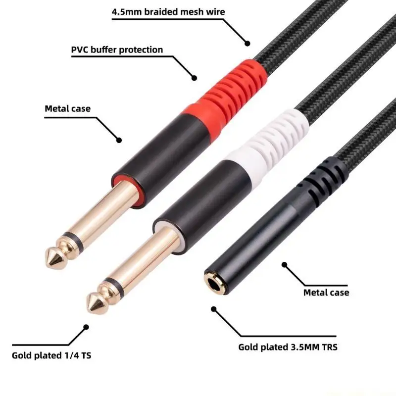 F62C Dual 6.35mm to 3.5mm Female Stereo Cable 3.5mm to Dual 1/4 Inch Cable for Mobile Phone to to