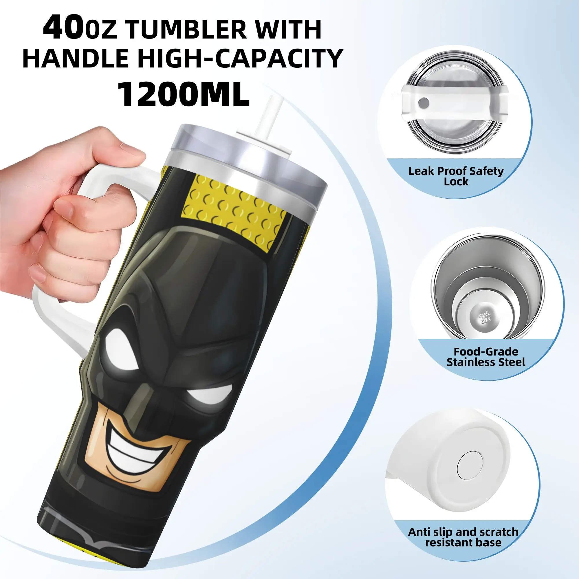 Stainless Steel Tumbler B-Batmans Cartoon Mugs Cup With Straws 3D Travel Hot Drinks Water Bottle Insulated 40oz Thermal Cups view 3