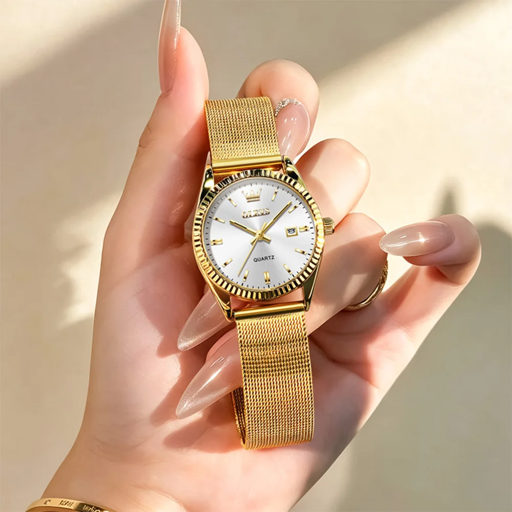New OLEVS Gold Luxury Women Wristwatch Waterproof Stainless Steel Mesh Strap Quartz Elegant Dress Watch For Ladies Gift