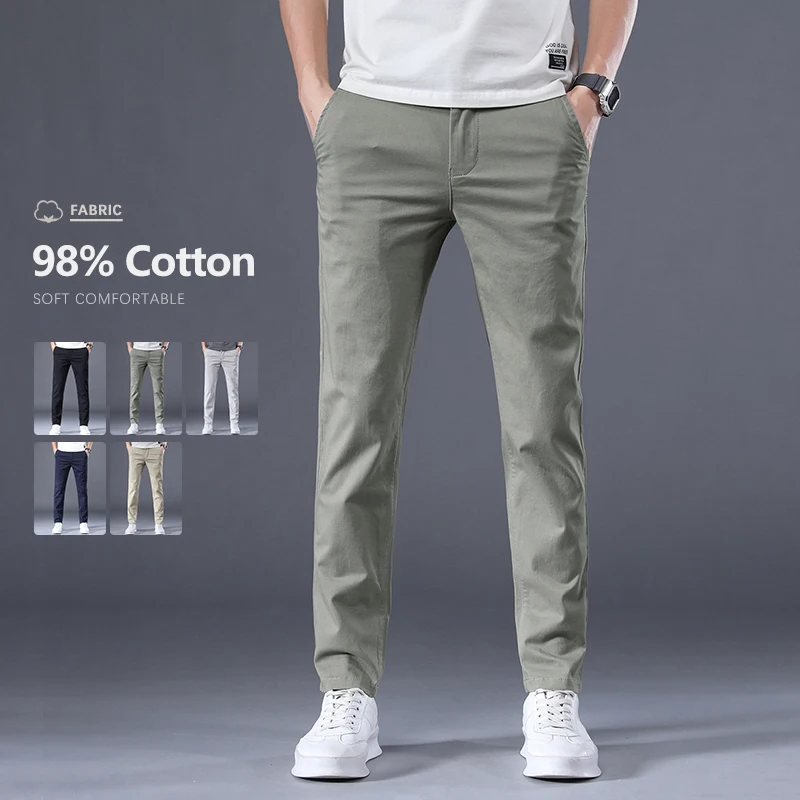 

98% Cotton Elastic Slim Pants Men's Spring Summer Comfortable Soft Solid Color Business Casual Trousers Korean Fashion Clothes