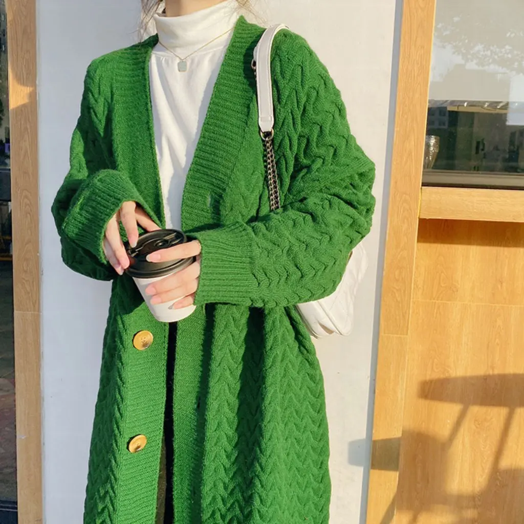 

Women's Retro Green Oversized Knitted Cardigan Mid-Length Twist Sweater Coat Autumn Winter Outer Wear Lazy Style Over-the-Knee