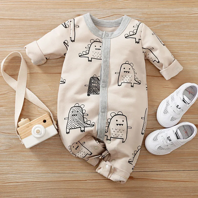 Spring and Autumn Boys and Girls Cute Handdrawn Dinosaur Comfortable Cotton Casual Long Sleeve Round Neck Baby Bodysuit