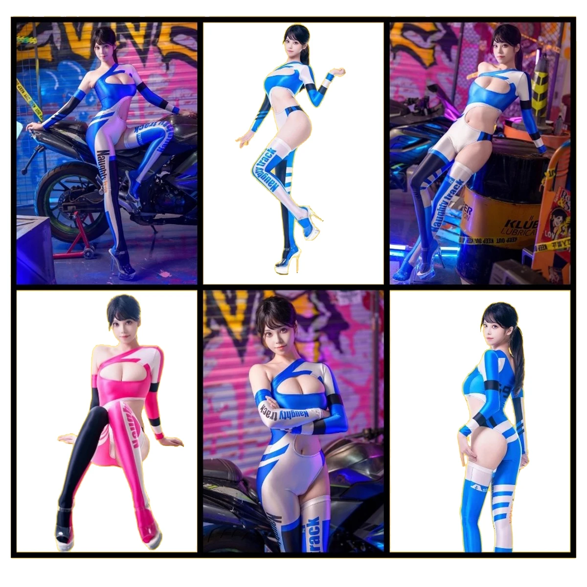 Women Printed Series Sexy Oil Glossy One-shoulder Longsleeve One-leg Sufing Diving Swimwear Sets Tight Jumpsuit Bodysuit Cosplay