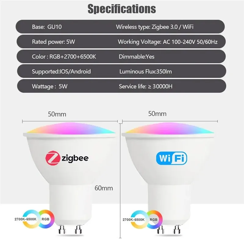 ZAOGHTS-Ampoule de Projecteur Wifi eWeLink 5W RGB 2700K-6500K, Ampoule LED Intelligente à Gradation, Prise en Charge de Alexa Google Assistant, Commande Vocale