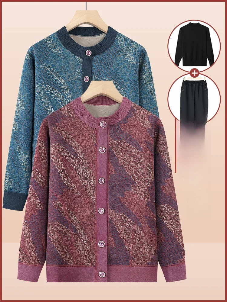 Thiened Fce Knitted Cardigan Coat for Middle-Aged And ly Women Winter Warm Outerwear Long Sve round Ne Sweater