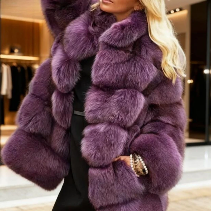 Casacos de pele de raposa falsa roxa maxi casacos femininos gola virada para baixo grosso quente elegante outono inverno ponto aberto jaquetas de pele streetwear