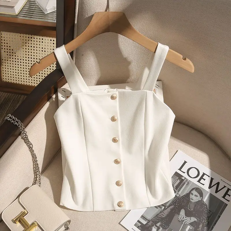 White Cami Top Square Neck Wide Straps Gold Buttons Corset Style French Style for Office Date Daily Wear