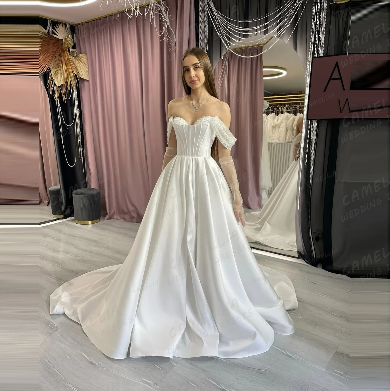 

Luxury Wedding Dresses A Line Woman's Sexy Sweetheart Off Shoulder Bride Gowns Sweep Train Satin Vestidos De Novia Customized