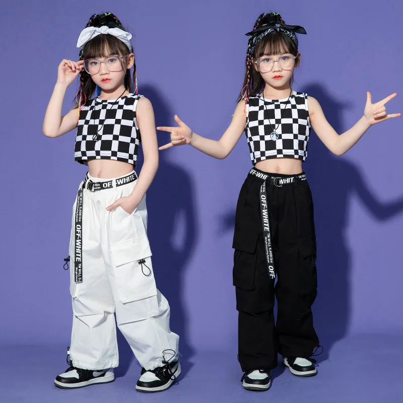 Kid Kpop Hip Hop Clothing Checkered Tank Crop Top Black Casual Wide Flap Pockets Cargo Pants for Girl Jazz Dance Costume Clothes