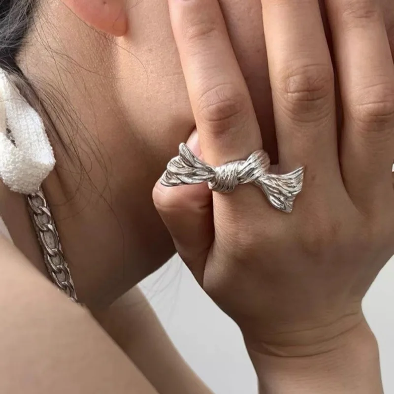 Heavy Industrial Exaggerated Design Texture Bow Ring Silver Color Fashion Niche Japanese and Korean Ins Style Blogger Same Ring