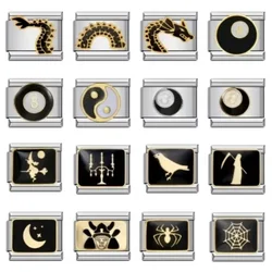 2025 Fashion Gothic Dark Dragon Elastic Italian Charm Links Fit 9mm Modular Bracelet Stainless Steel Elastic DIY Jewelry