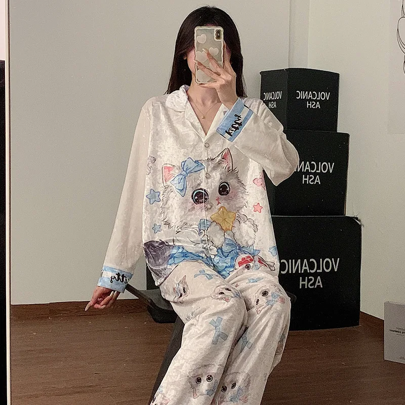 Plus Size Soft Golden Velvet Pajamas Women's Sweet Cartoon Cat Long Sleeve Trousers Winter Spring Outer Wear Home Clothes Suit