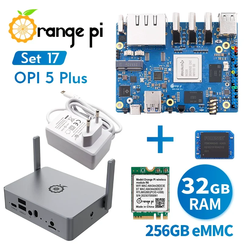 

Orange Pi 5 Plus 32GB+256GB EMMC Module+WiFi Module R6+Metal Case+5V4A Type-C Power Supply,DDR4 RK3588 Orange Pi5 Plus Mini PC