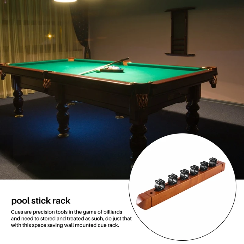 New Wall Mounted Hardwood Billiard Cue Rack Pool Cue Rack 6 Clips Billiard Holder Bracket Accessories,Brown