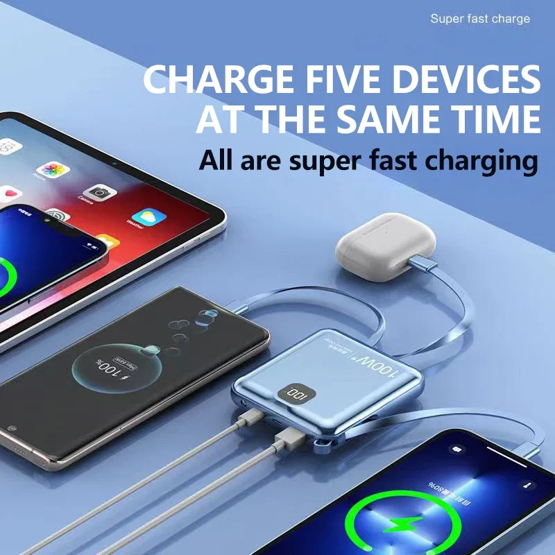 PD100W Mini Power Bank 30000mah Portable Power Bank Detachable USB to TYPE C Cable 4 in 1 Fast Charger for iPhone Xiaomi Samsung