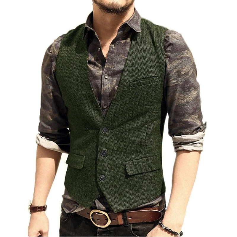 

Men Vest Dark Green Solid Herringbone Waistcoat For Banquet Wedding Business Casual Work Formal Set Men Suit Vest