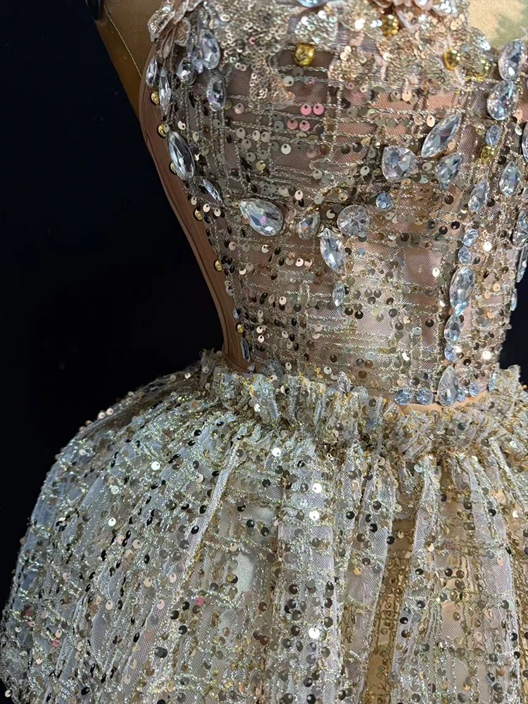 design Sequines crystal costume for women sliver Party Prom strapless mini skirt 2 pcs sets dance birthday nightclub performance