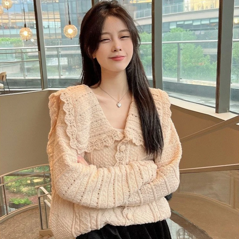 

2025 New Arrival French Doll Inspired Knitted Cardigan Solid Pure Color Loose Fit Button Collar Open Front Autumn Winter Sweater