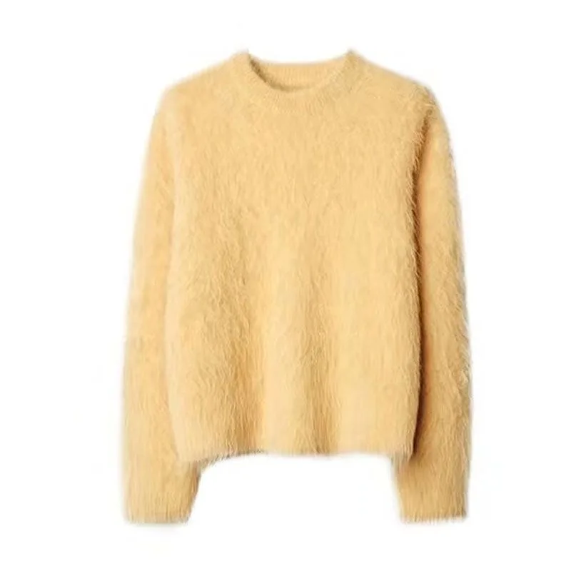 Fdfklak Mink Velvet Milk Yellow Top Wind Velvet Sweater Loose Round Neck Jumper Korea Fashion Pullover Soft Knitwear XXL