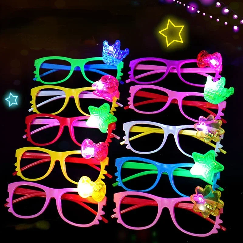 30pcs Girls Kids Children Cartoon Star Crown Light Up LED Glasses Frame Glowing Toys Party Favors Supplies Christmas Carnival