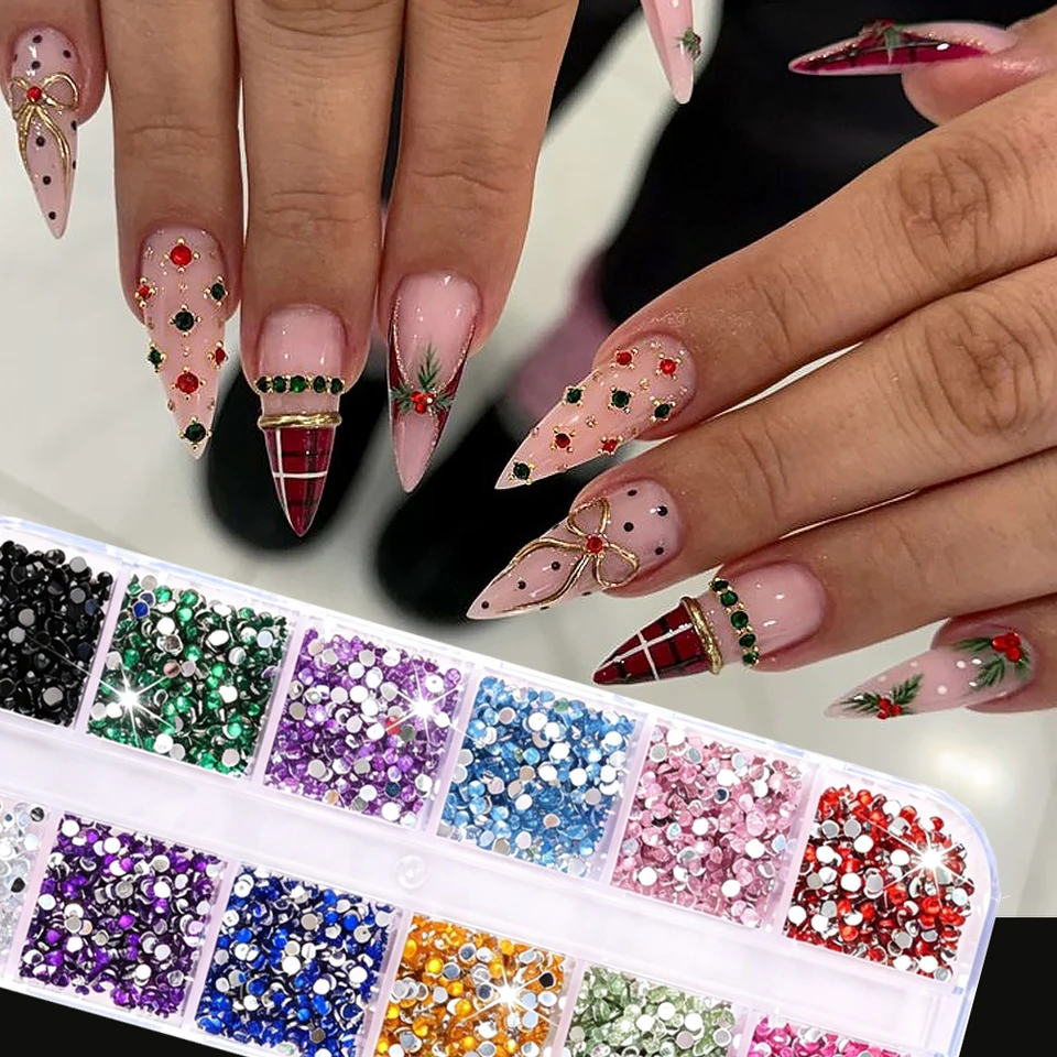 12 compartimentos de gemas navideñas mini surtidas para uñas, 2mm, cristal de lujo, brillantina, rhinestones rojos/azules planos, piezas navideñas 2