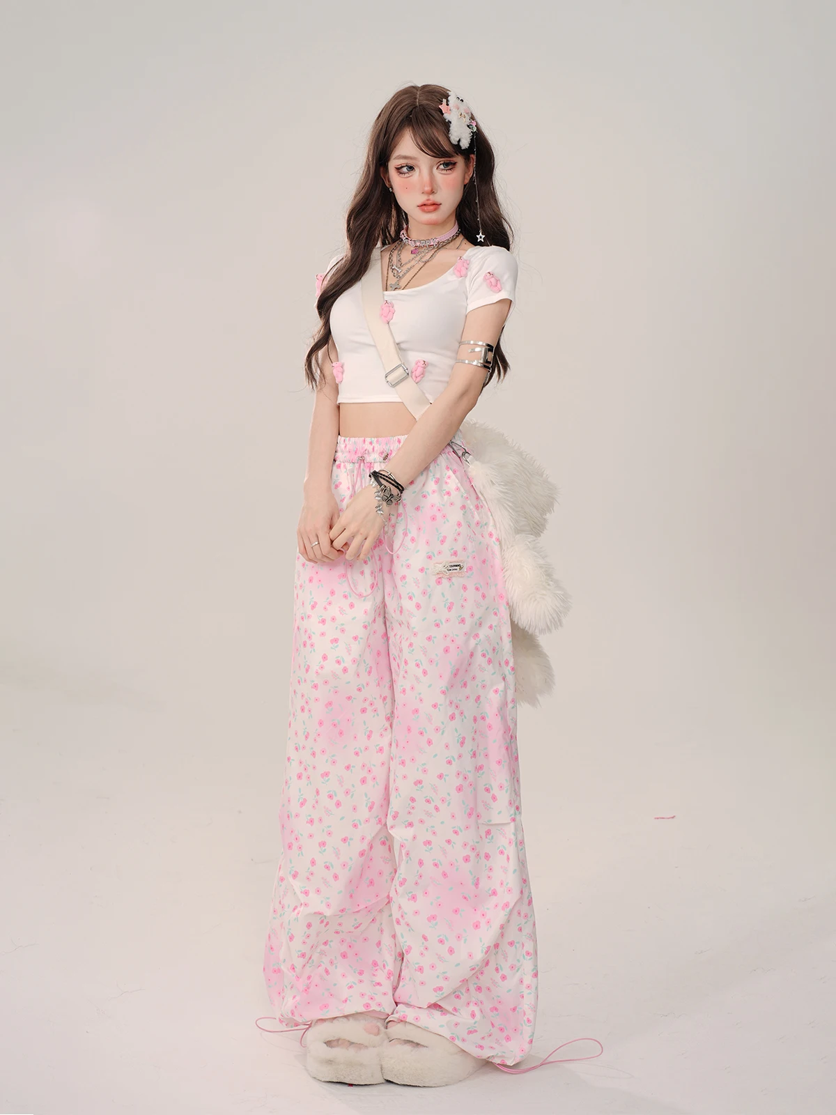 Girly Sweet Y2k Elegant All-Match Printed Wide-Leg Pants Autumn New Korean Fashion Loose Slim Casual Pants Women Pink Mop Pants