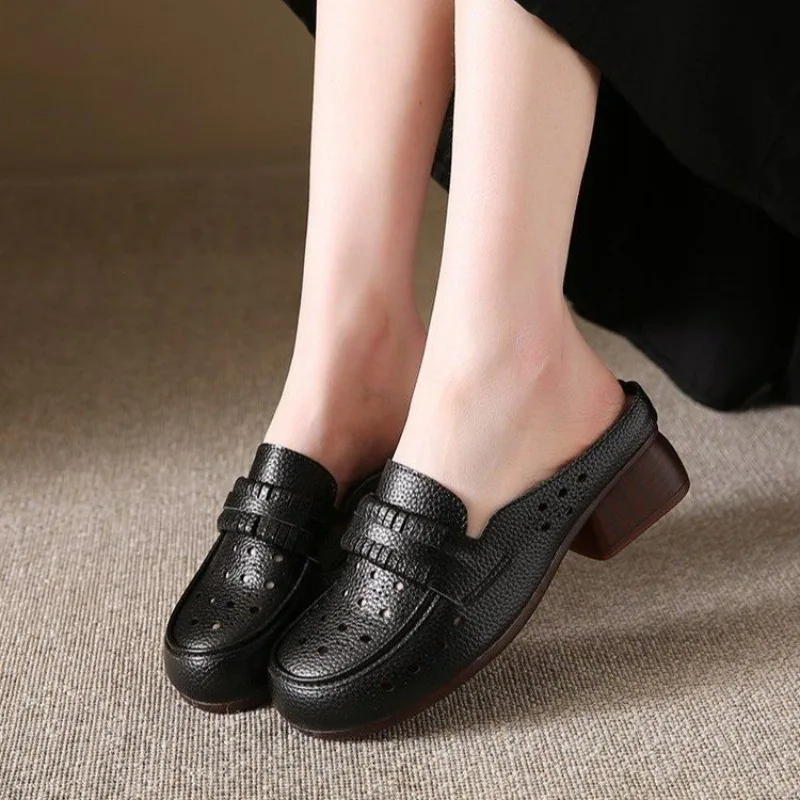 

Women's Loafers, Mules, Round Toe, Chunky Heel, Textured Upper, Laser-cut Perforated Tassel Details, Professional Work Shoes