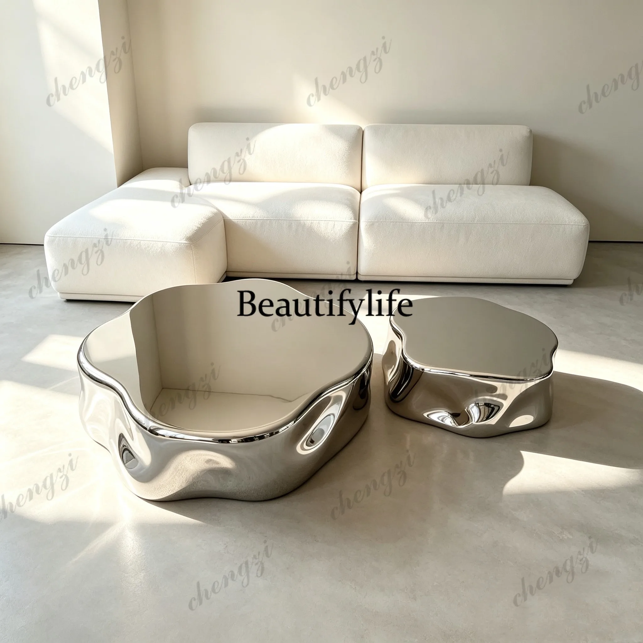 Modern simple special-shaped FRP electroplating coffee table Modern minimalist living room size combination mirror coffee table